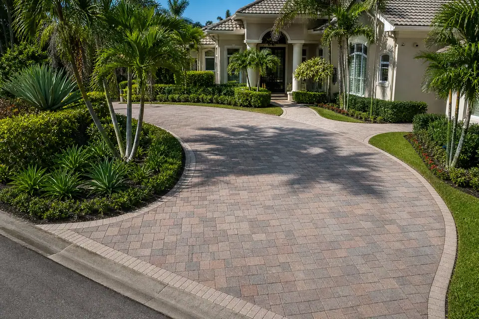 Sweeping paver driveway and curved walkway at a landscaped South Florida home