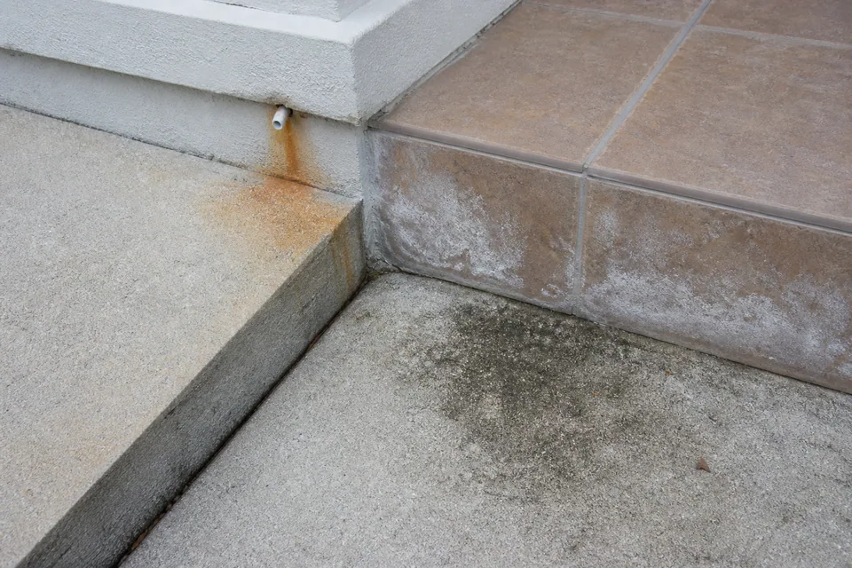 Exterior entry steps with visible surface discoloration