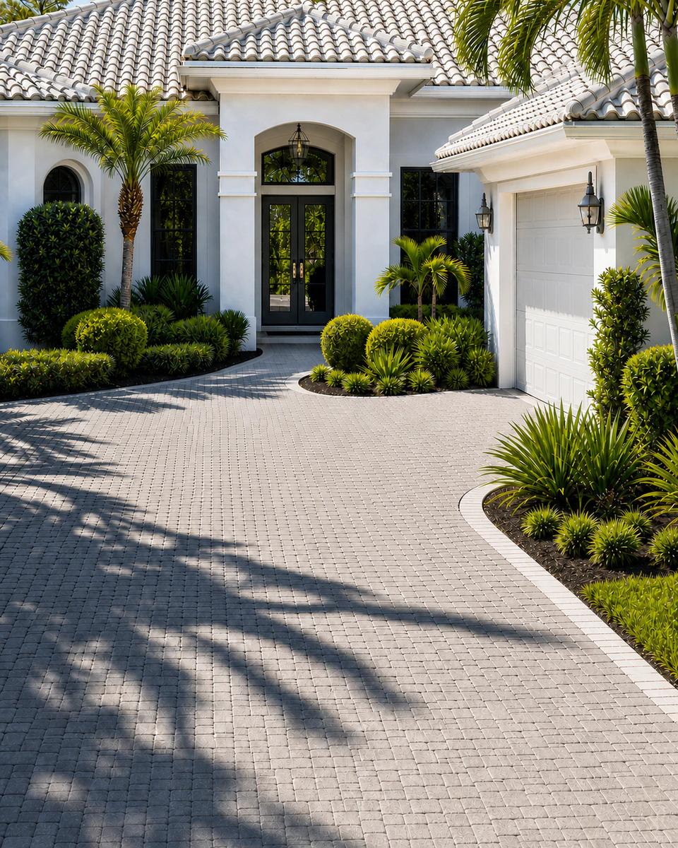 Clean South Florida stucco home with a bright concrete tile roof and paver driveway