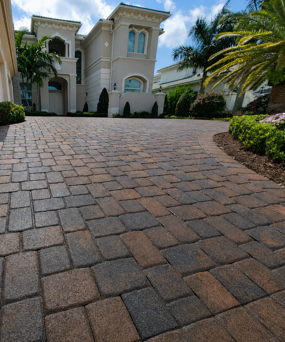 Paver driveway at a landscaped South Florida home